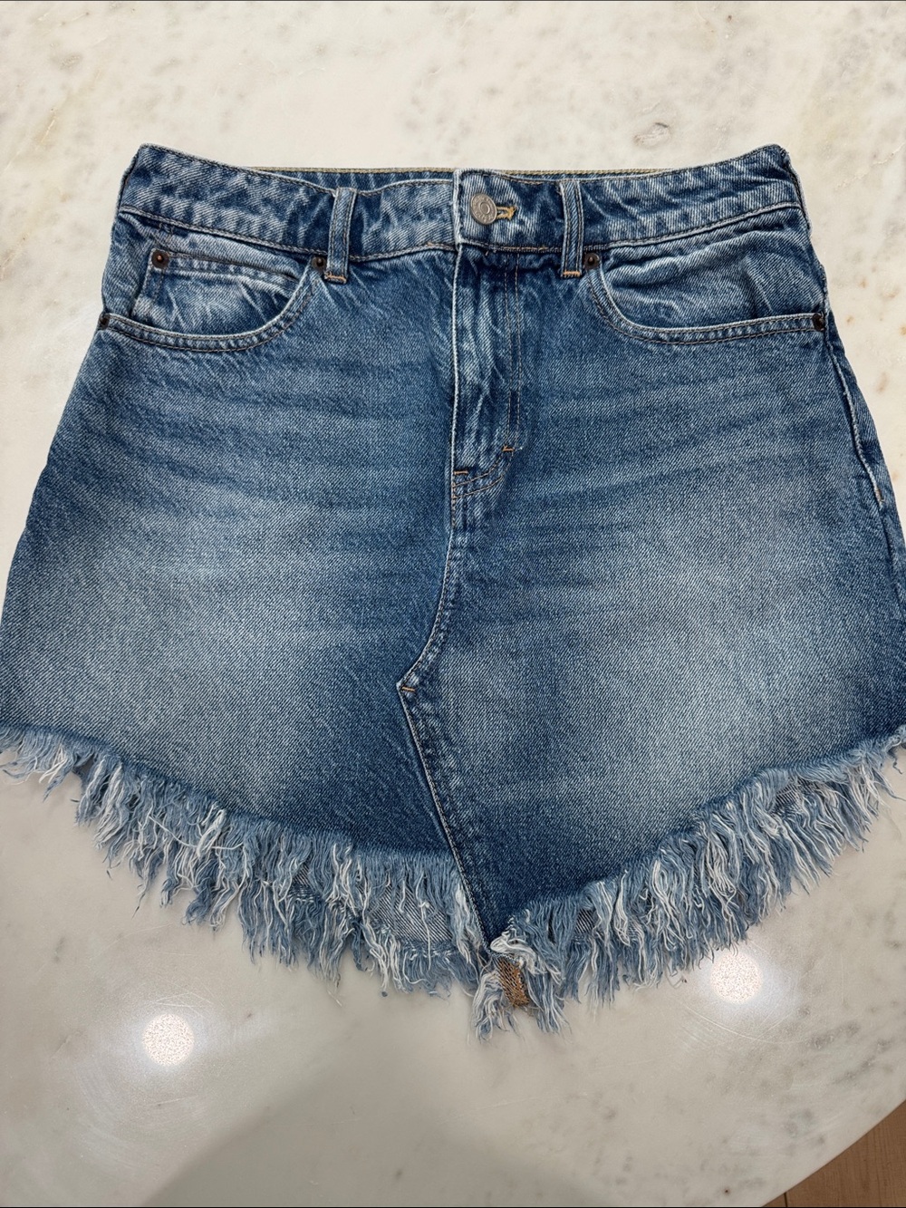 Free People Distressed Light Blue Denim Fringe Hem Shorts